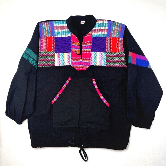 Andes Artesanias Sweaters - Andes Artesanias Vintage Wool Cotton Patchwork Henley Pullover‎ Sweater Black L